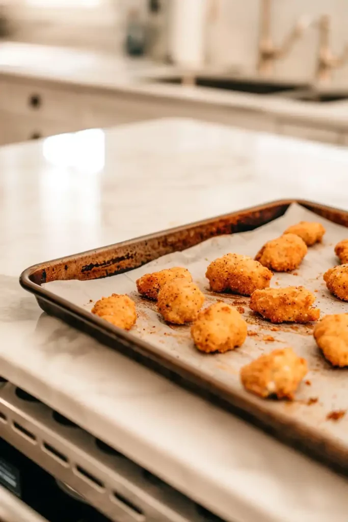 Crispy Healthy Chicken Nuggets (Air Fryer or Baked) 4 Golden chicken nuggets cooking in oven and air fryer until crispy