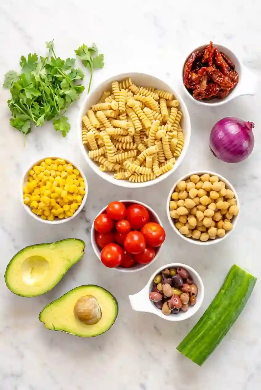 Vertical flat lay of chickpea pasta salad ingredients including rotini pasta, chickpeas, cucumber, avocado, corn, olives, cherry tomatoes, parsley, red onion, and sun-dried tomatoes