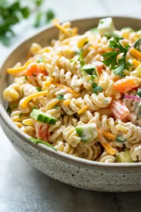 Cottage Cheese Pasta Salad with High-Protein Dressing 9 Creamy cottage cheese pasta salad chilling in the refrigerator after seasoning with salt and pepper