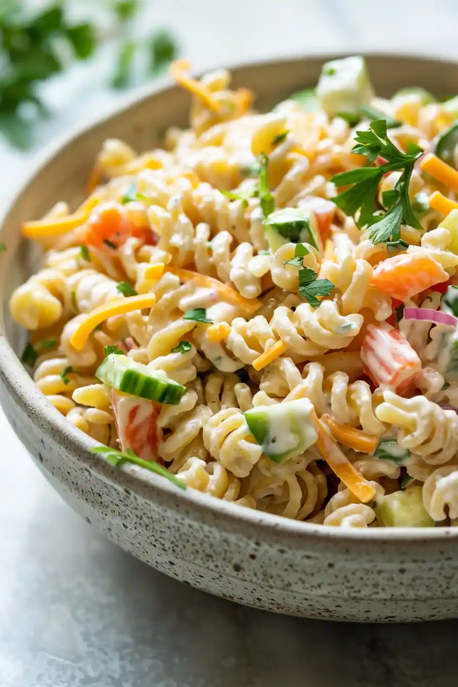 Chill Cottage Cheese Pasta Salad Before Serving Creamy cottage cheese pasta salad chilling in the refrigerator after seasoning with salt and pepper