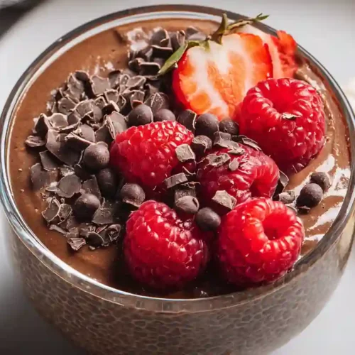 Chocolate chia pudding topped with raspberries and chocolate chunks in a dark bowl on marble surface