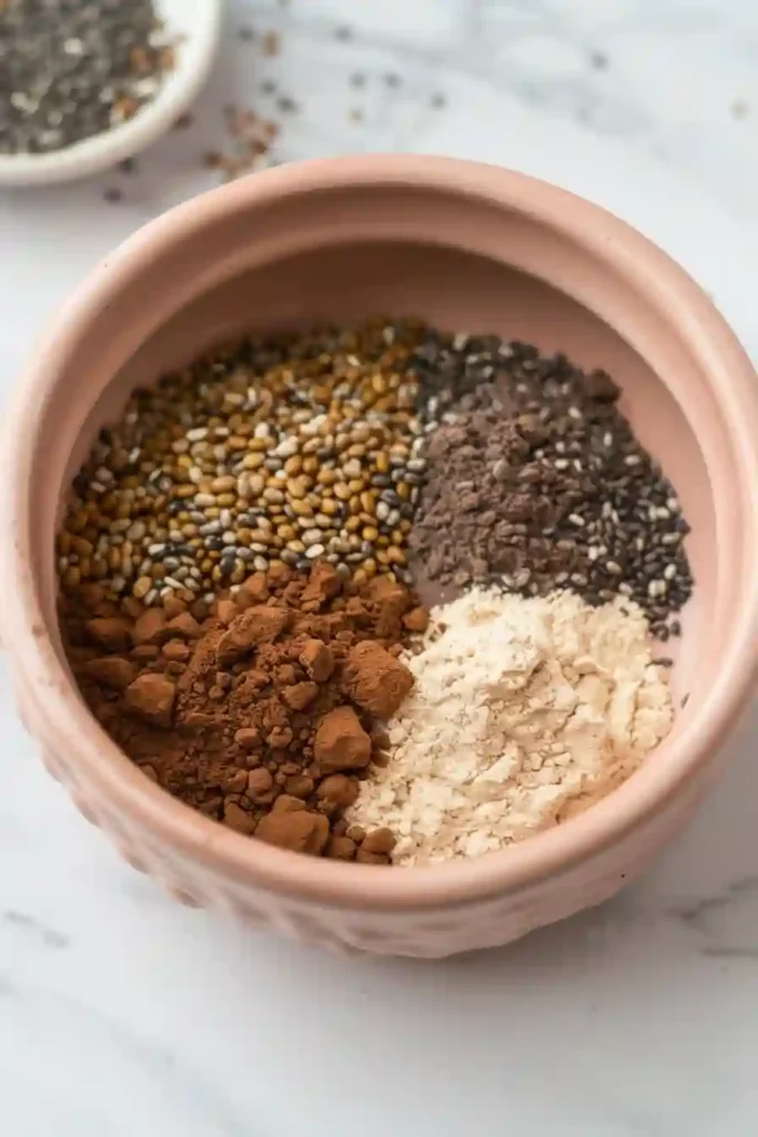 Chia seeds, cocoa powder, and protein powder in a pink bowl on white marble surface