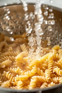 Cottage Cheese Pasta Salad with High-Protein Dressing 6 Rotini pasta being rinsed under cold water after cooking for creamy cottage cheese pasta salad