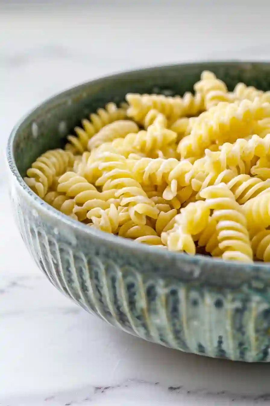 Freshly cooked rotini pasta being cooled after boiling for chickpea pasta salad