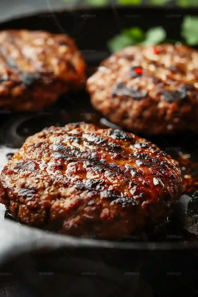 Juicy Ground Turkey Burgers (High-Protein) 5 Ground turkey burger patties sizzling in a skillet with golden char marks