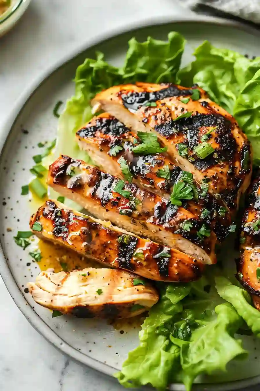 Vertical Pinterest style grilled chicken breast with lettuce and garlic herb drizzle