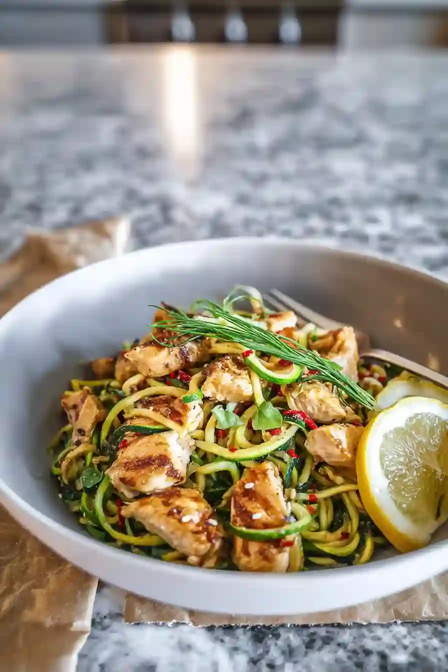 Served bowl of chicken zoodles topped with sesame seeds and chopped peanuts