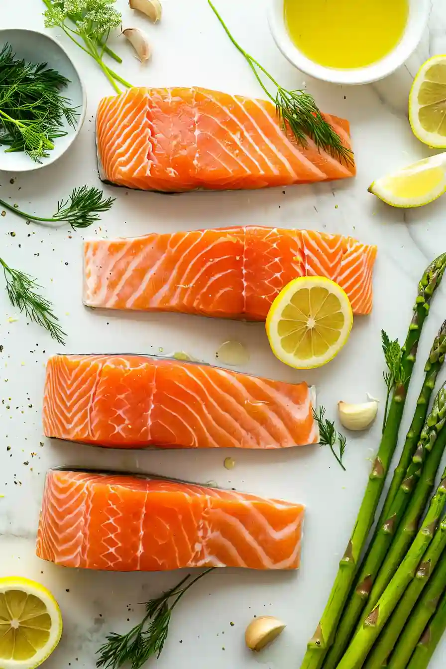Raw salmon fillets with asparagus, lemon, garlic, and herbs arranged for cooking