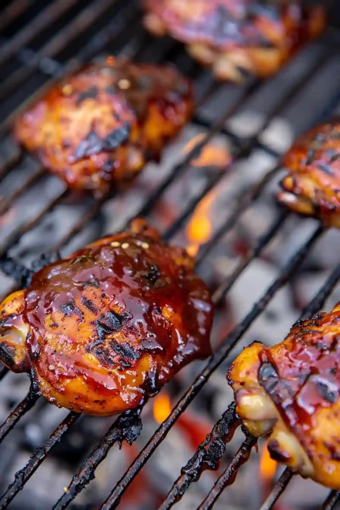 Hawaiian BBQ Chicken (High-Protein) 5 Hawaiian BBQ chicken grilling with caramelized glaze and charred edges on a clean grill