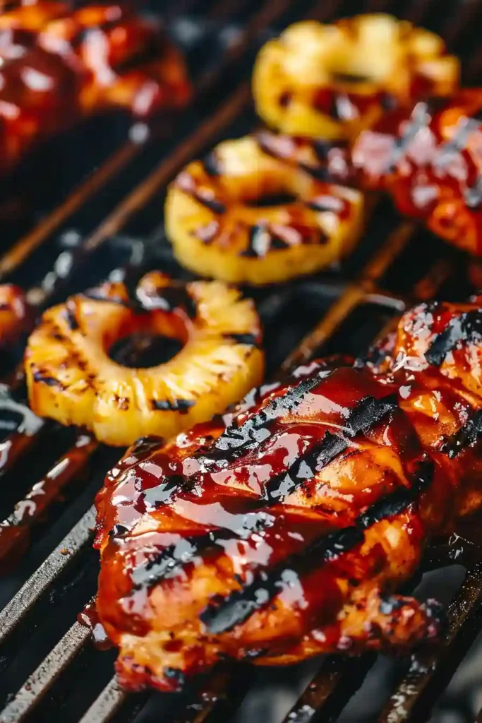 Hawaiian BBQ Chicken (High-Protein) 6 BBQ chicken being basted beside caramelized grilled pineapple rings on the grill