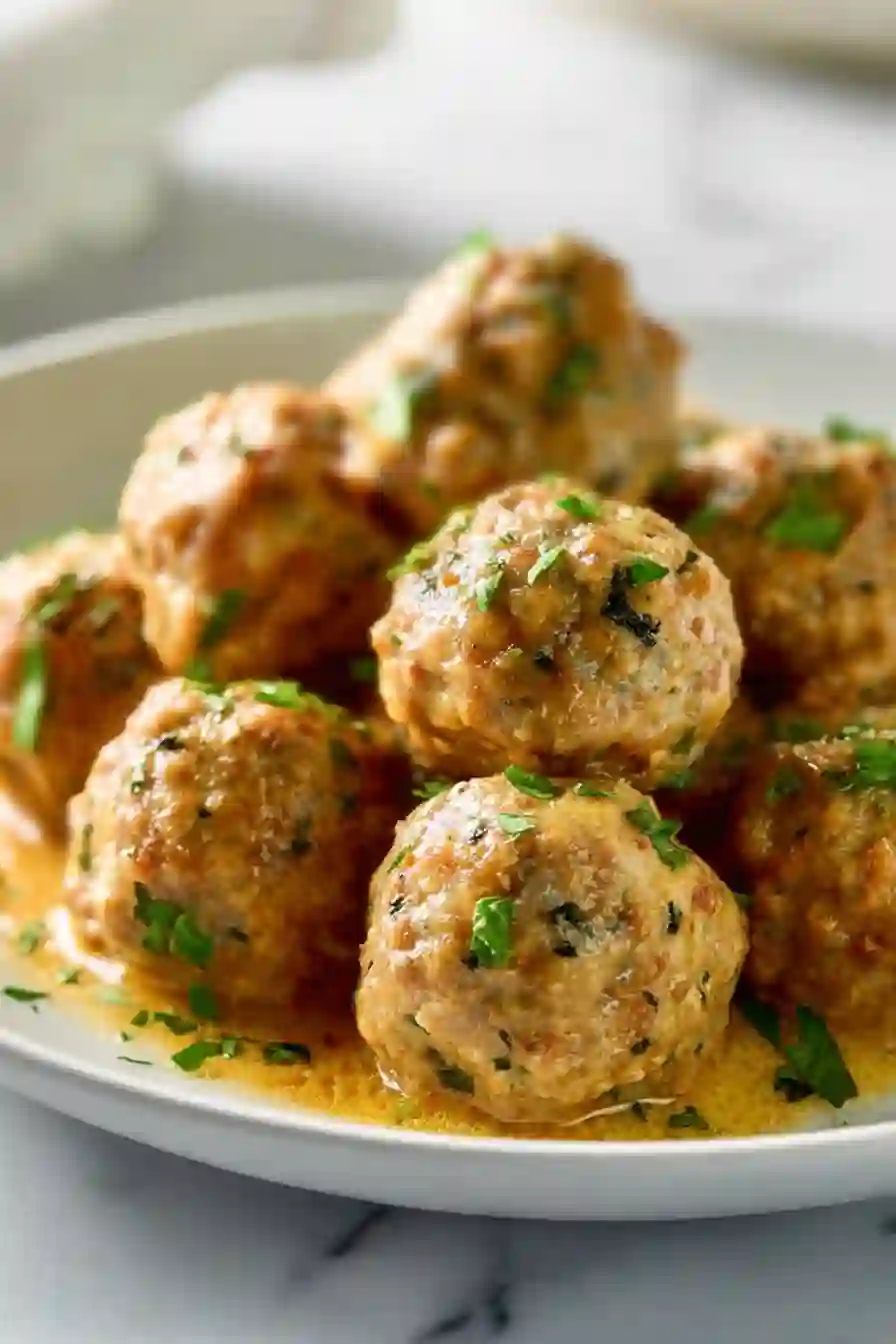 Vertical Pinterest-style turkey meatballs with green herb sauce and rustic homemade presentation