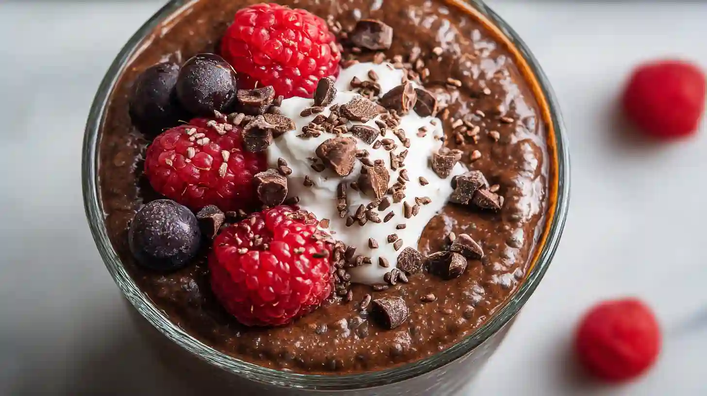 Chocolate chia pudding topped with raspberries and chocolate chunks in a dark bowl on marble surface