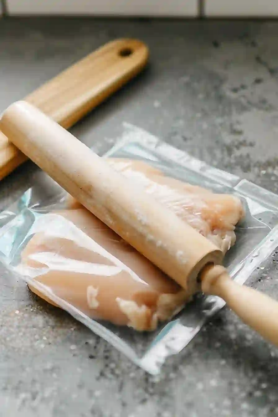 Raw chicken breast sealed in plastic beside a wooden rolling pin on stone countertop