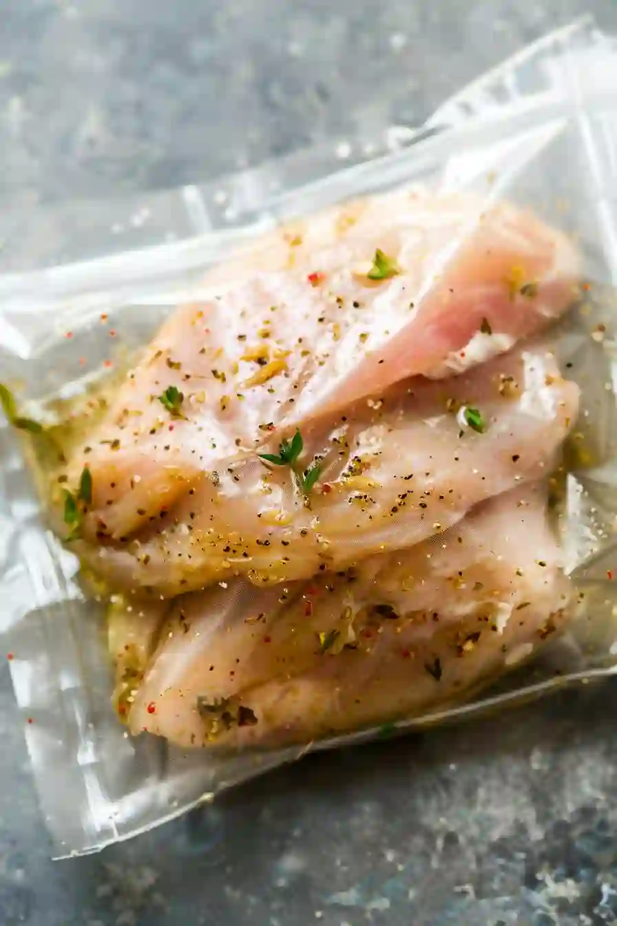 Seasoned chicken breasts marinating inside a plastic storage bag on a gray countertop