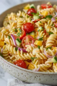 Cottage Cheese Pasta Salad with High-Protein Dressing 8 Rotini pasta salad mixed with vegetables and cheddar cheese coated in creamy cottage cheese dressing