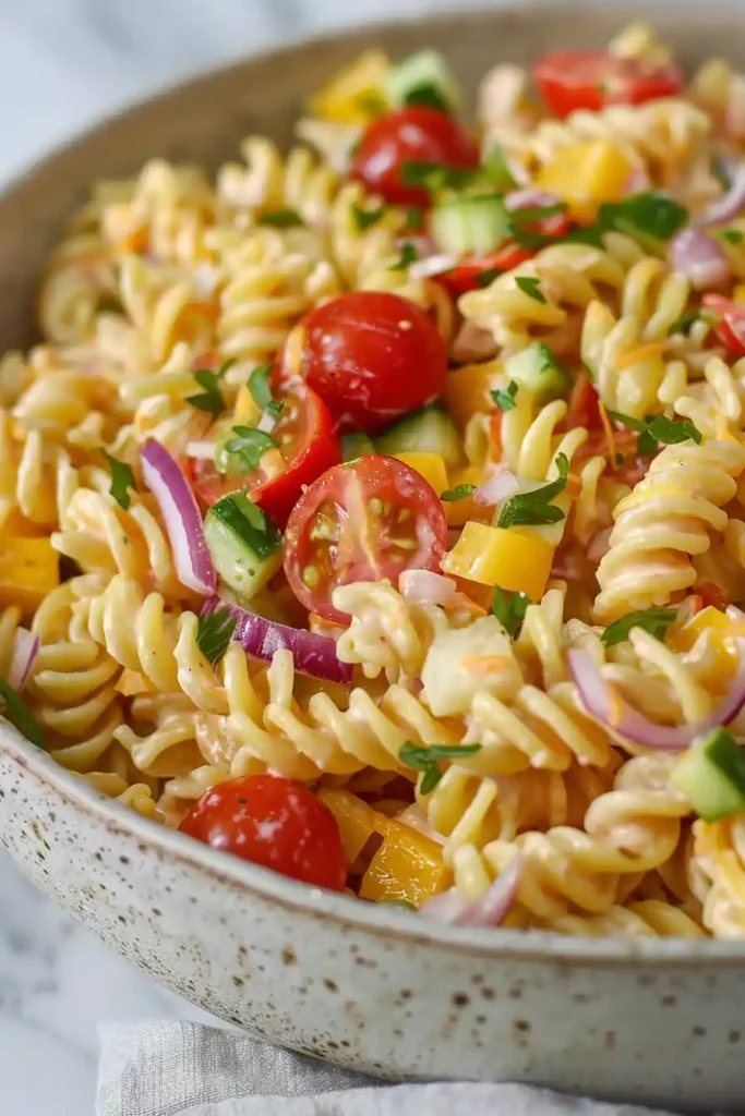 Cottage Cheese Pasta Salad with High-Protein Dressing 3 Rotini pasta salad mixed with vegetables and cheddar cheese coated in creamy cottage cheese dressing