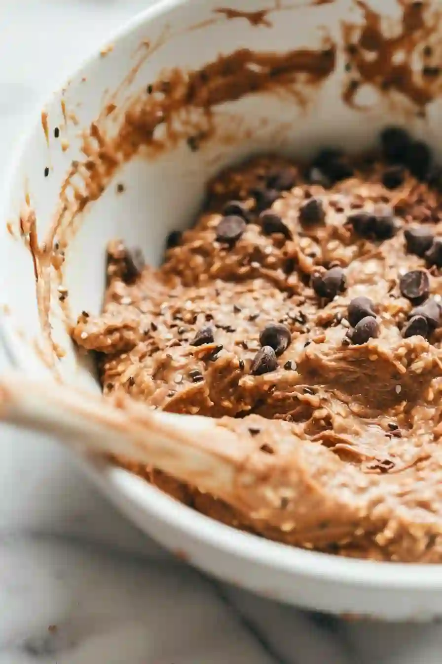 Vertical close-up of thick peanut butter oat mixture fully stirred together in a mixing bowl