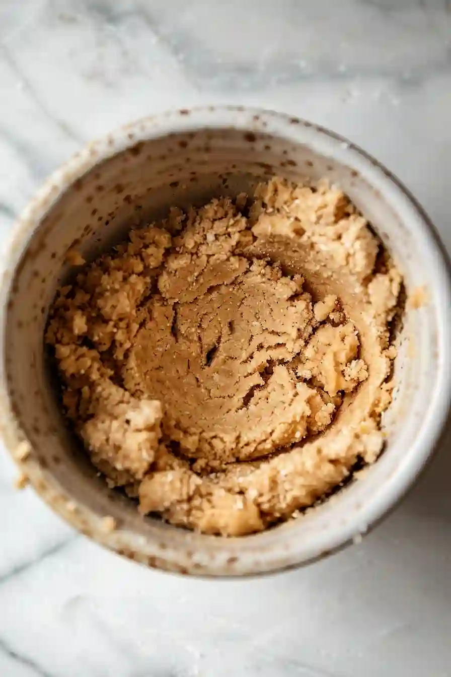 Chunky chocolate chip cookie dough in ceramic bowl on white marble counter