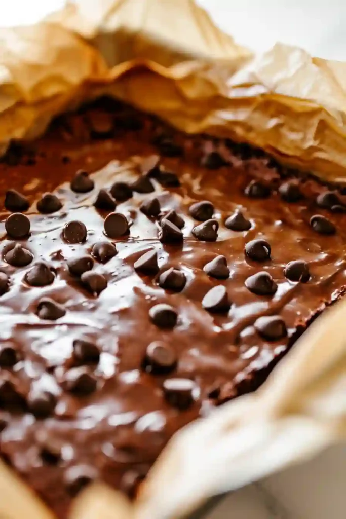Cottage Cheese Brownies with a Protein Boost 4 Chocolate brownie batter poured into baking pan with chocolate chips on top