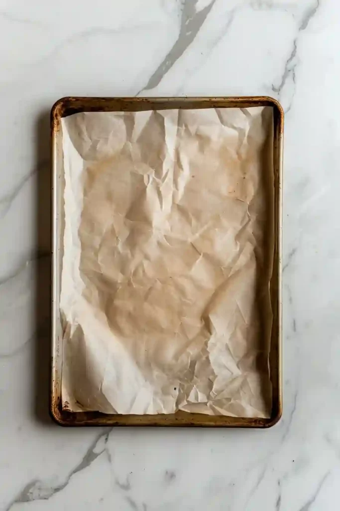 Gluten-Free Almond Flour Cookies That Are Crispy, Buttery, and Absolutely Irresistible 3 Parchment-lined baking tray on white marble countertop ready for cookie baking