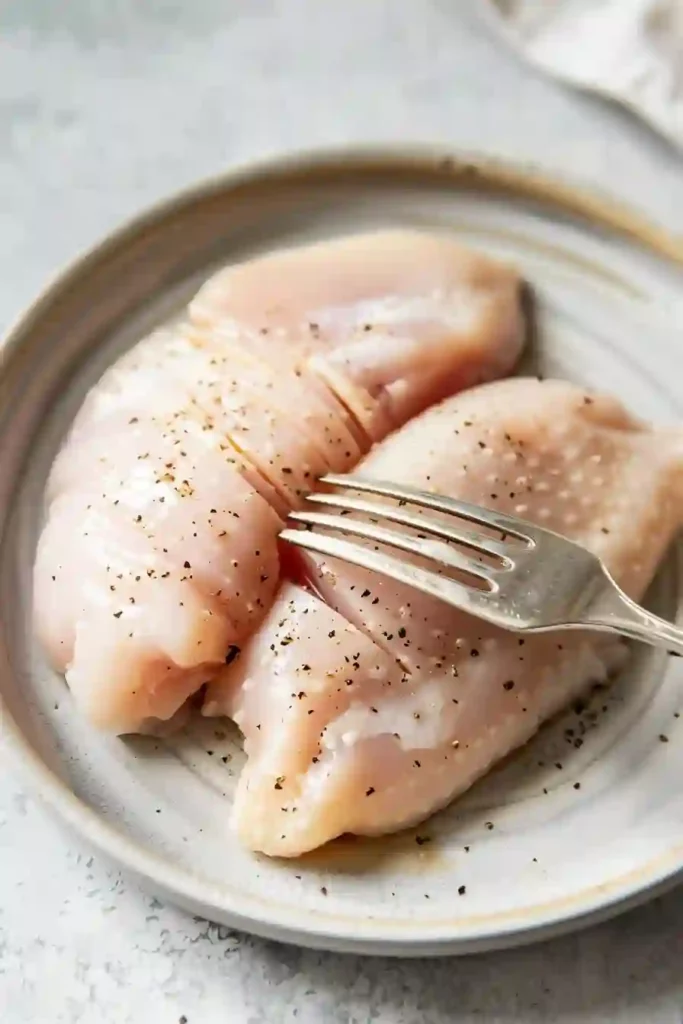 Prepared raw chicken breasts ready for seasoning and grilling