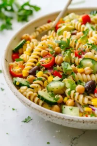 Healthy Dinner Chickpea Pasta Salad That's High-Protein 8 Served chickpea pasta salad resting in a ceramic bowl with fresh vegetables and herbs