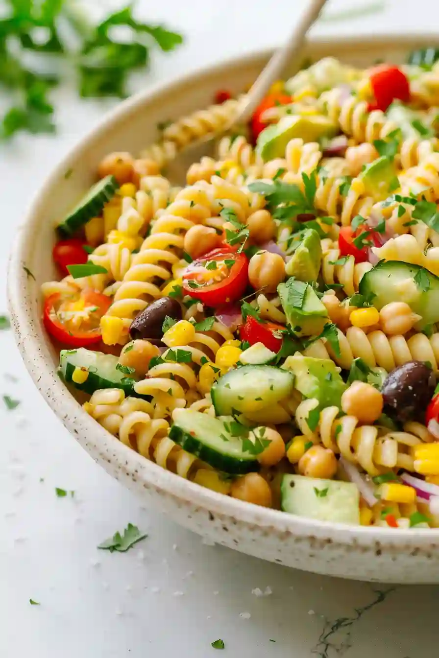 Served chickpea pasta salad resting in a ceramic bowl with fresh vegetables and herbs