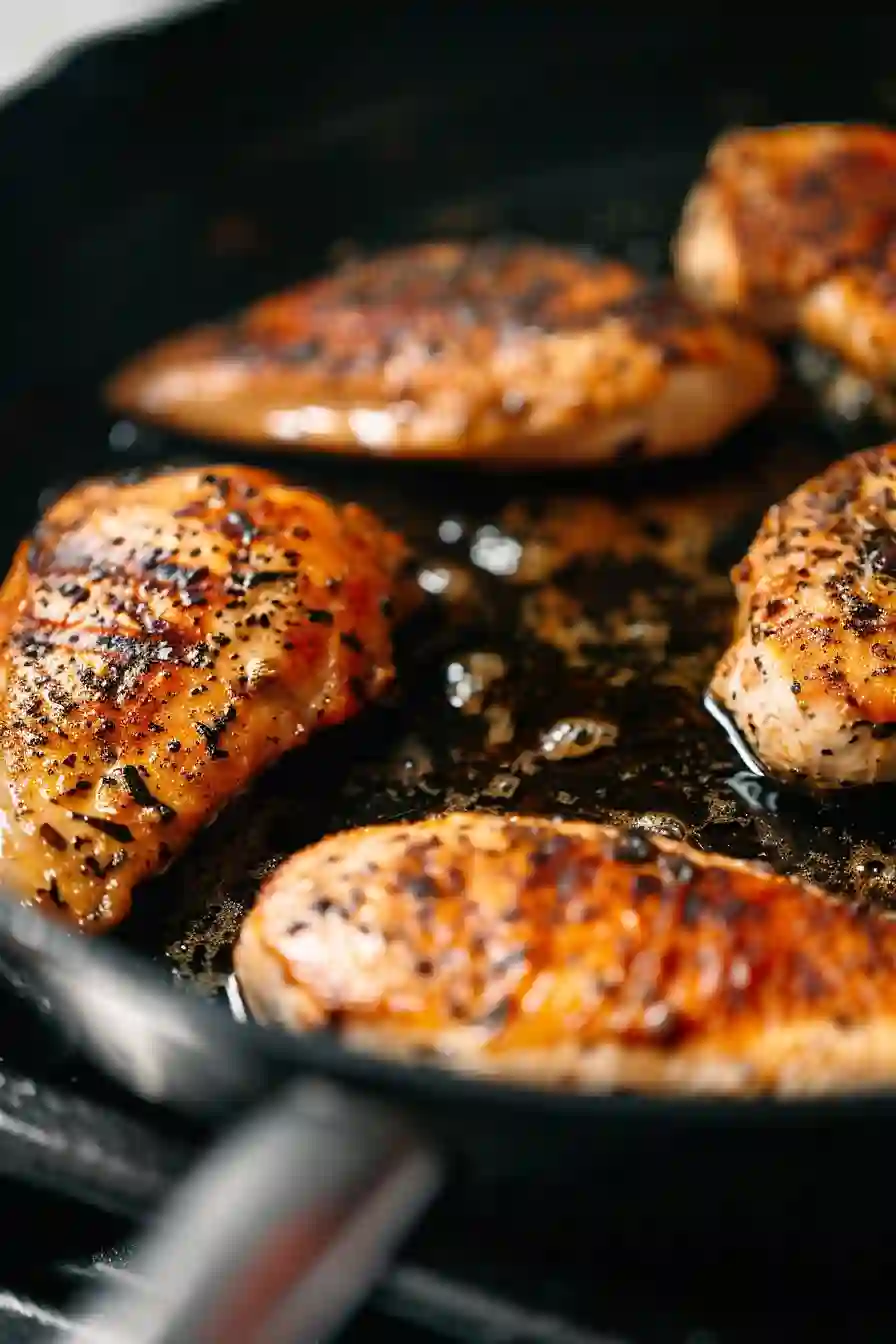 Golden browned chicken breast cooking in a non-stick skillet with olive oil