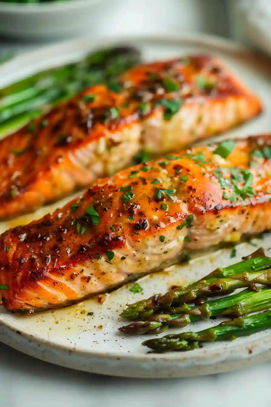 Vertical served plate of garlic butter salmon fillets with roasted asparagus