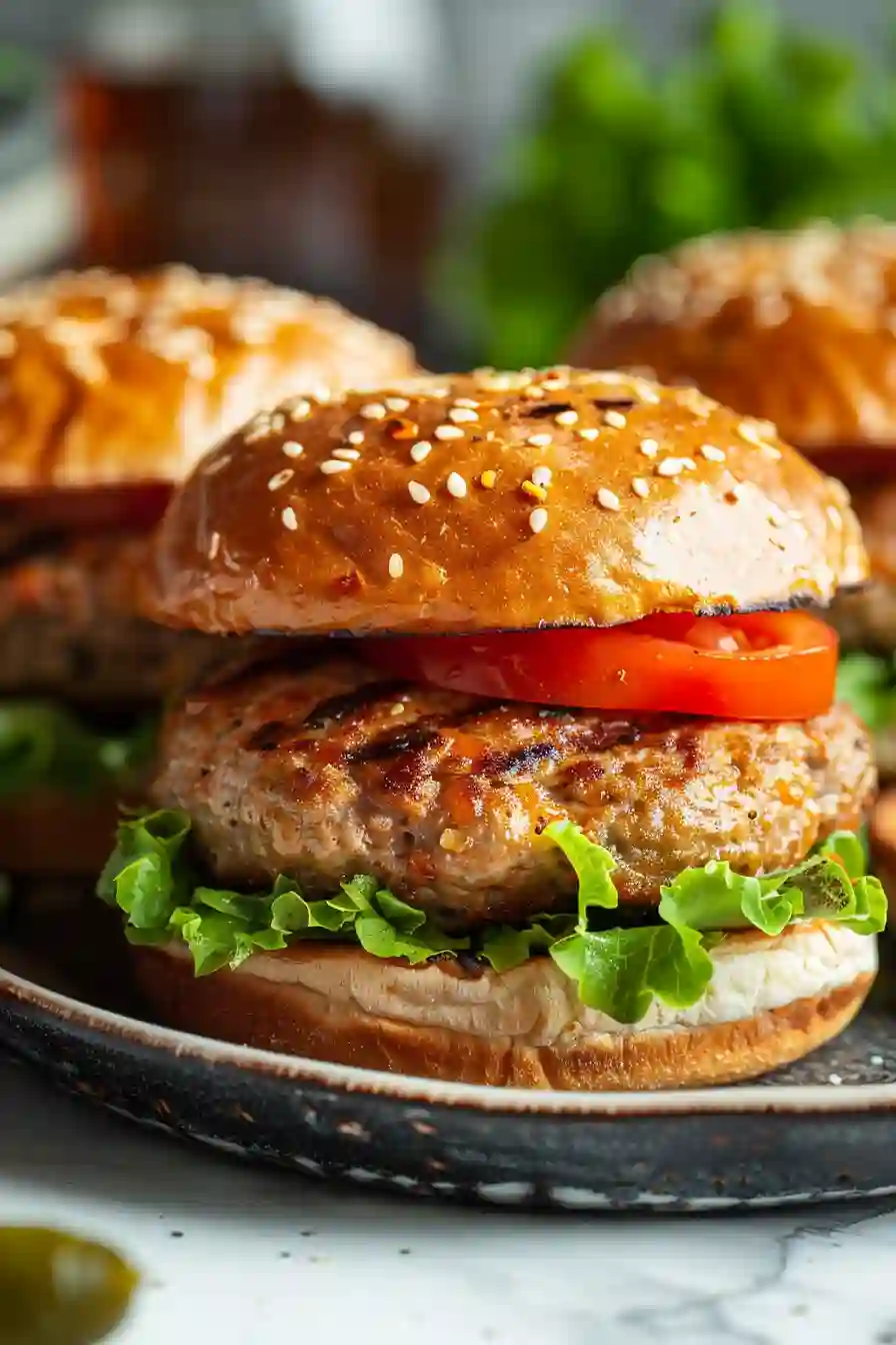 Juicy grilled ground turkey burgers served on buns with fresh toppings