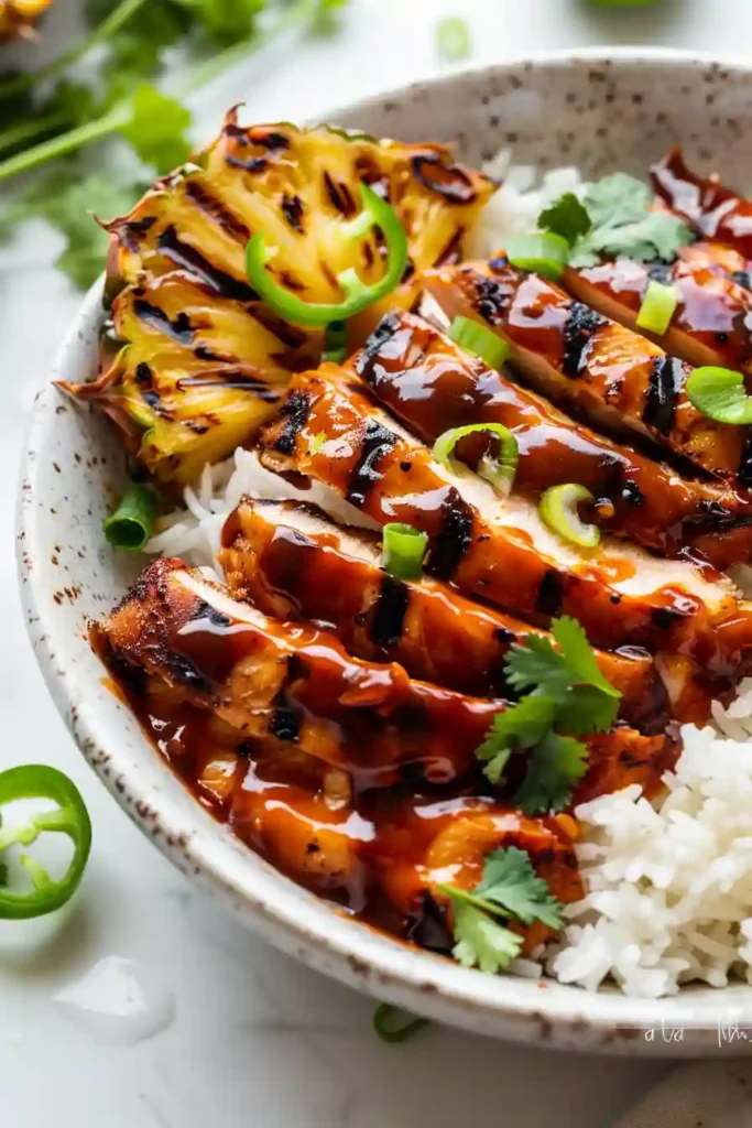 Hawaiian BBQ Chicken (High-Protein) 7 Hawaiian BBQ chicken served over rice with grilled pineapple and fresh herbs in a rustic bowl