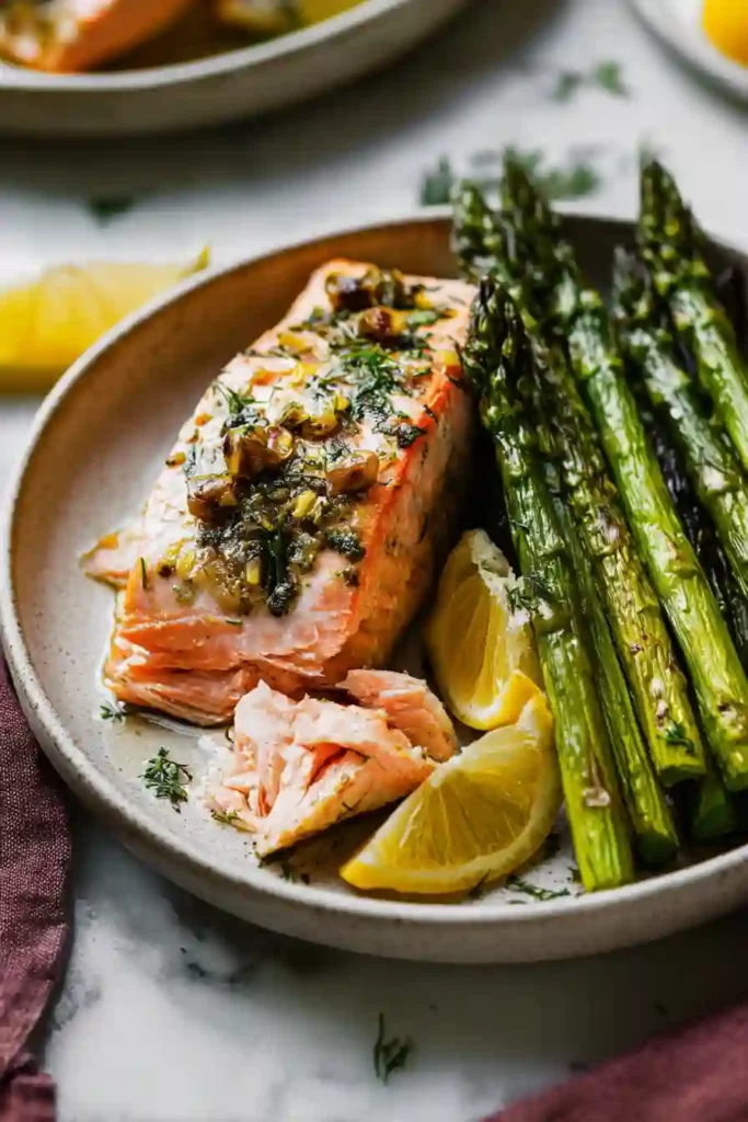 Healthy Sheet Pan Lemon-Herb Salmon with Asparagus Ready in 25 Min 6 Square served salmon plate with asparagus and lemon herb seasoning