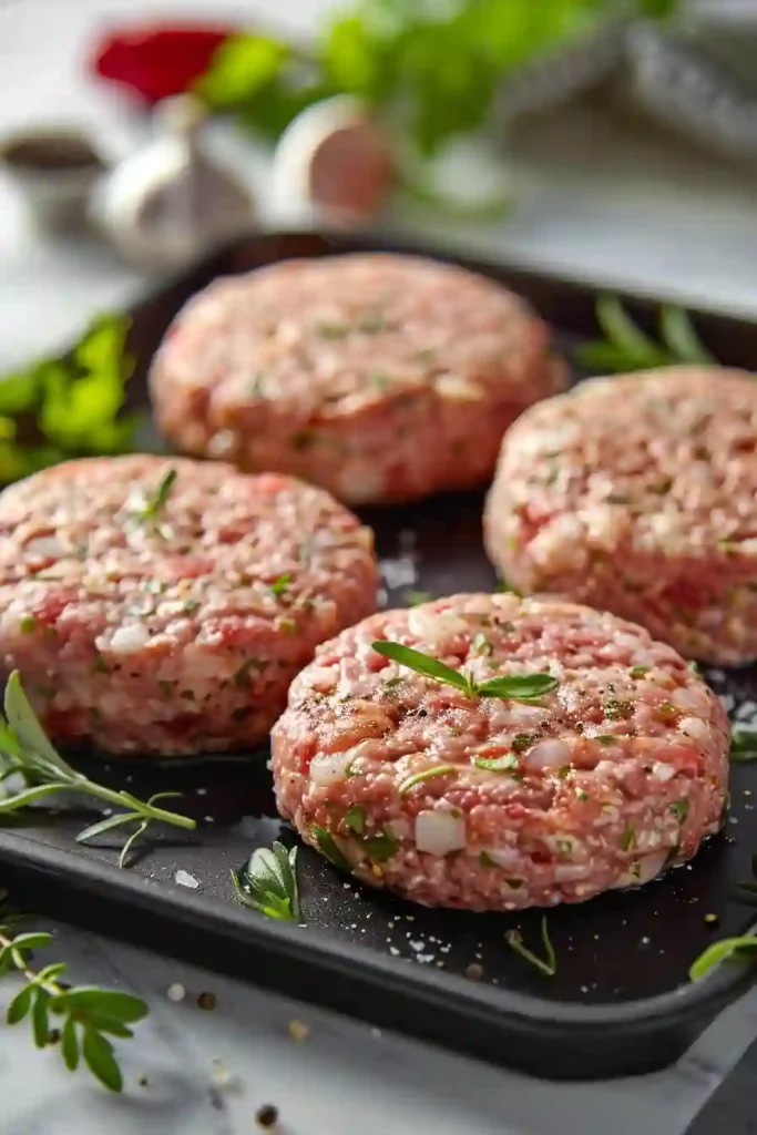 Juicy Ground Turkey Burgers (High-Protein) 4 Raw ground turkey burger patties shaped and ready to cook