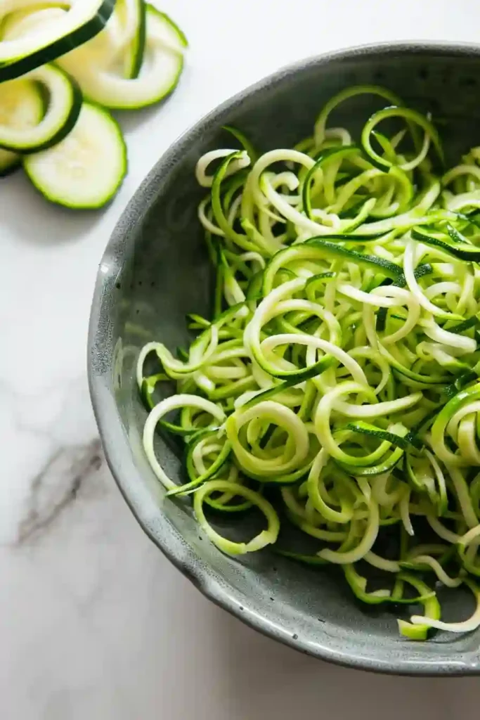 Low-Carb Chicken Zoodles for High-Protein Comfort 3 Fresh spiralized zucchini noodles prepared for healthy chicken zoodles recipe