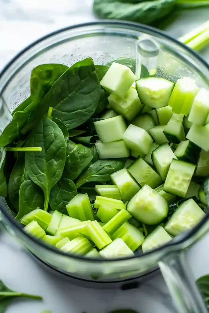 Green Smoothie with Cucumber, Ginger, and Pineapple 3 Fresh spinach cucumber and celery being added into a blender for green smoothie preparation