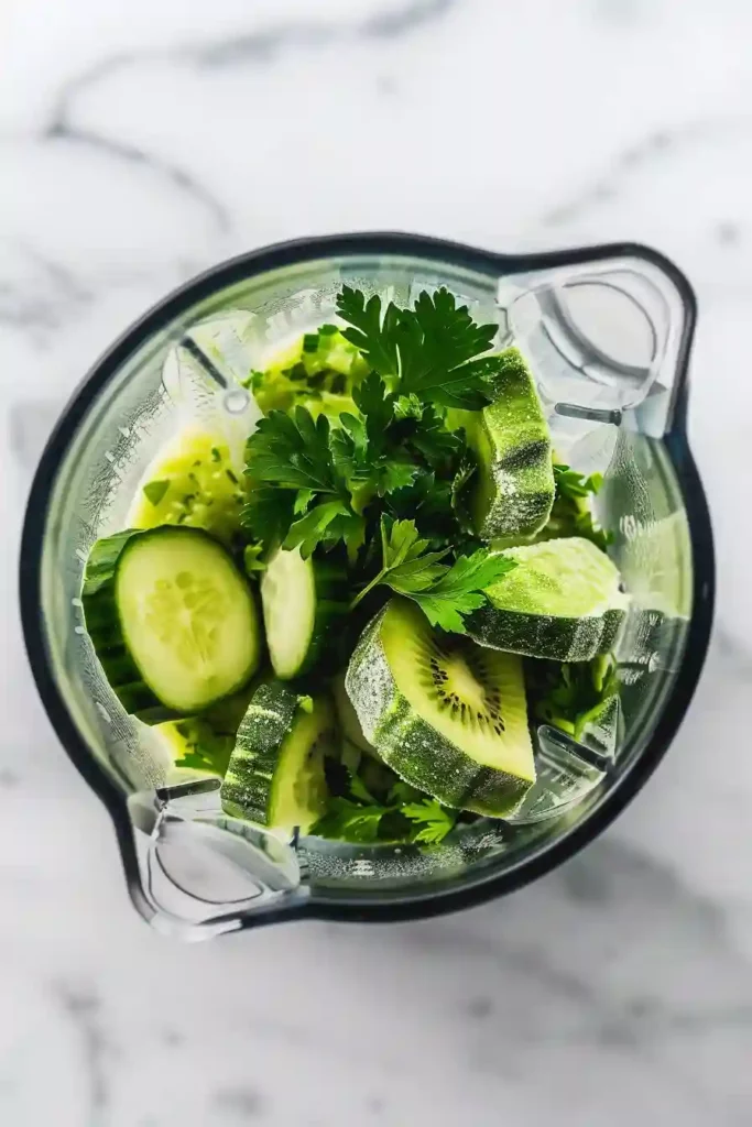Green Protein Smoothie Bowl with Tropical Fruit 3 Frozen green smoothie ingredients being added from a freezer bag into a blender jar.