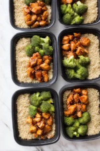Meal Prep Honey Garlic Chicken Bowls 9 Meal prep containers filled with quinoa, honey garlic chicken, and roasted broccoli.