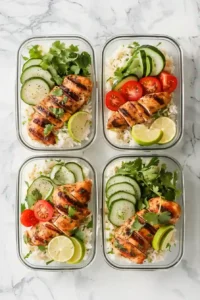 Mango Salsa Chicken Bowl with Cilantro-Lime Rice 7 Meal prep containers layered with cilantro lime rice and grilled chicken tenderloins.