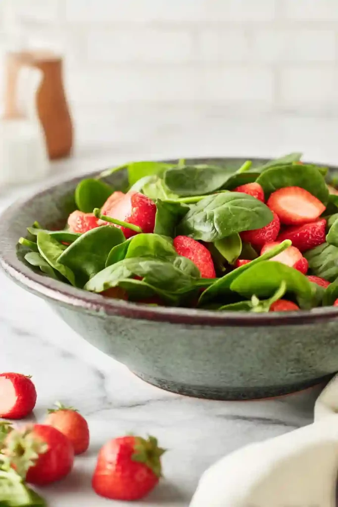 Strawberry Spinach Salad with Feta and Pecans 3 Fresh baby spinach and quartered strawberries layered in a large serving bowl before final toppings.