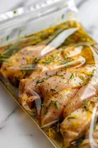 Mango Salsa Chicken Bowl with Cilantro-Lime Rice 3 Chicken marinade ingredients whisked together in a glass bowl with chicken tenderloins ready for marinating on a white marble countertop.