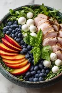 Red, White & Blue Summer Salad with Berries and Mozzarella 7 Arugula, mozzarella pearls, peaches, blueberries, turkey breast, basil, and mint layered in a large serving bowl.