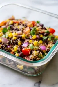 Quinoa Black Bean Salad with Lime Cumin Dressing 8 Prepared quinoa black bean salad stored in a glass container ready to chill in the refrigerator