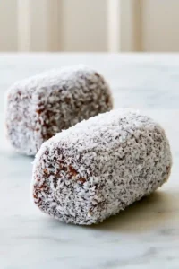 Date logs completely covered in finely desiccated coconut on a marble surface.