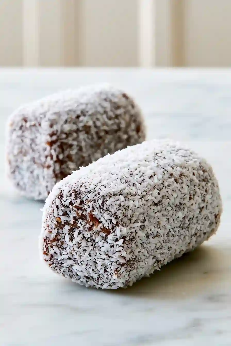 Date logs completely covered in finely desiccated coconut on a marble surface.