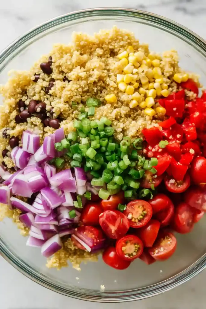 Quinoa Black Bean Salad with Lime Cumin Dressing 3 Warm quinoa mixed with colorful vegetables in a large bowl with dressing
