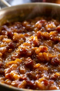 Glossy caramelized date mixture cooking in a saucepan until thick and smooth.