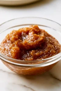 Freshly cooked date paste resting in a glass bowl before adding cereal.