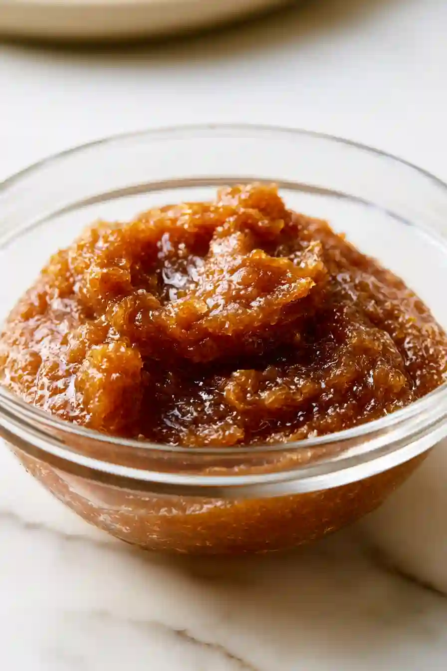 Freshly cooked date paste resting in a glass bowl before adding cereal.