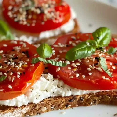 Cottage Cheese Toast with Tomatoes 2 Cottage cheese toast topped with sliced tomatoes, basil, and seasoning on a white plate.
