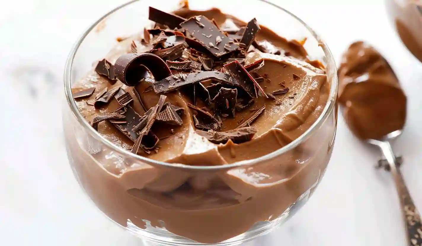 Creamy dark chocolate avocado mousse topped with chocolate shavings in a glass dessert cup